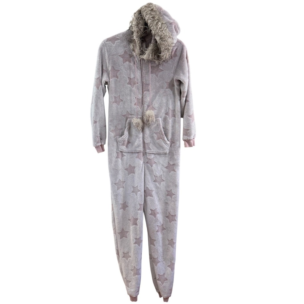 Secret Treasures Pink Star Plush Fleece Hooded Onesie Pajamas Medium